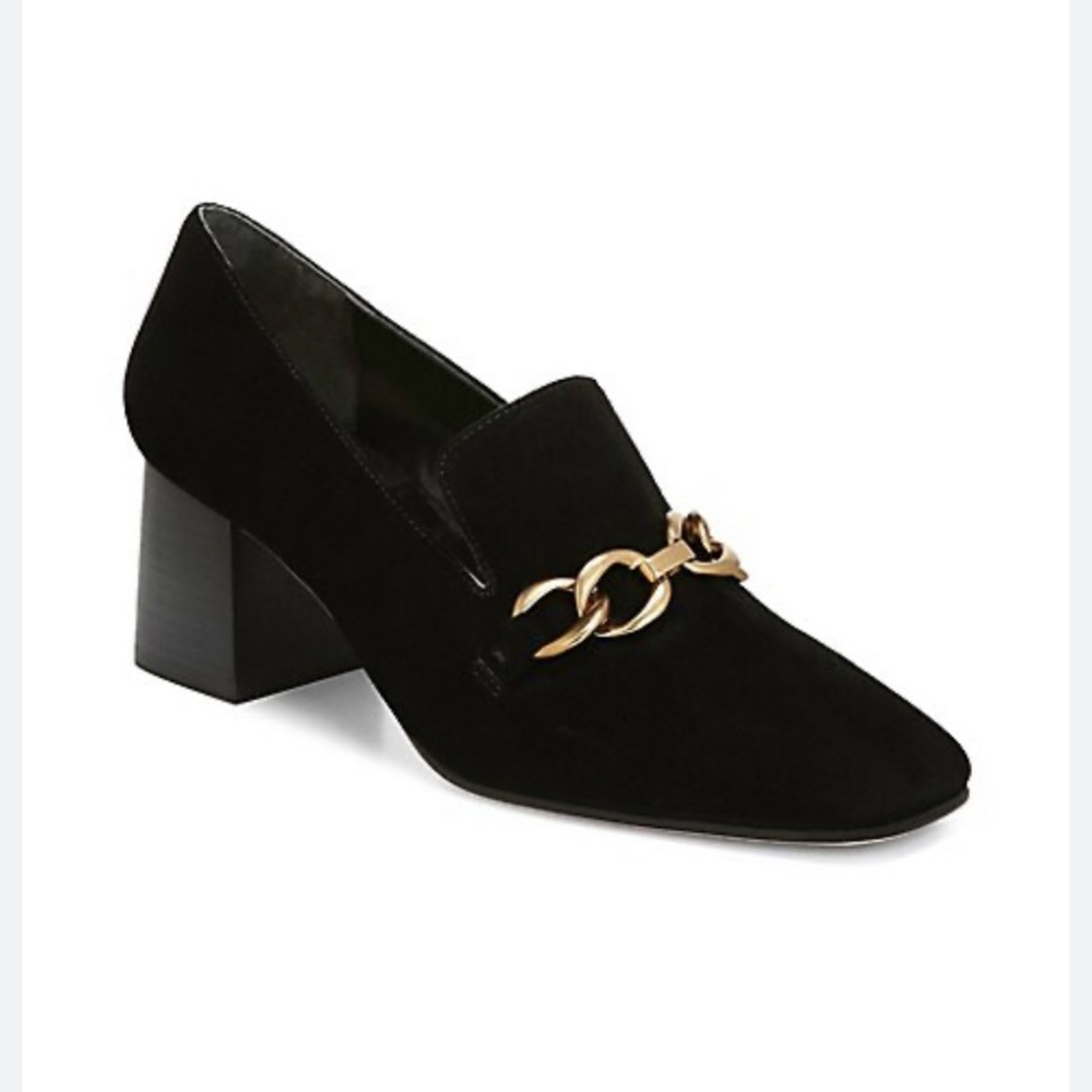 Via Spiga Black Loafers with Gold Chain